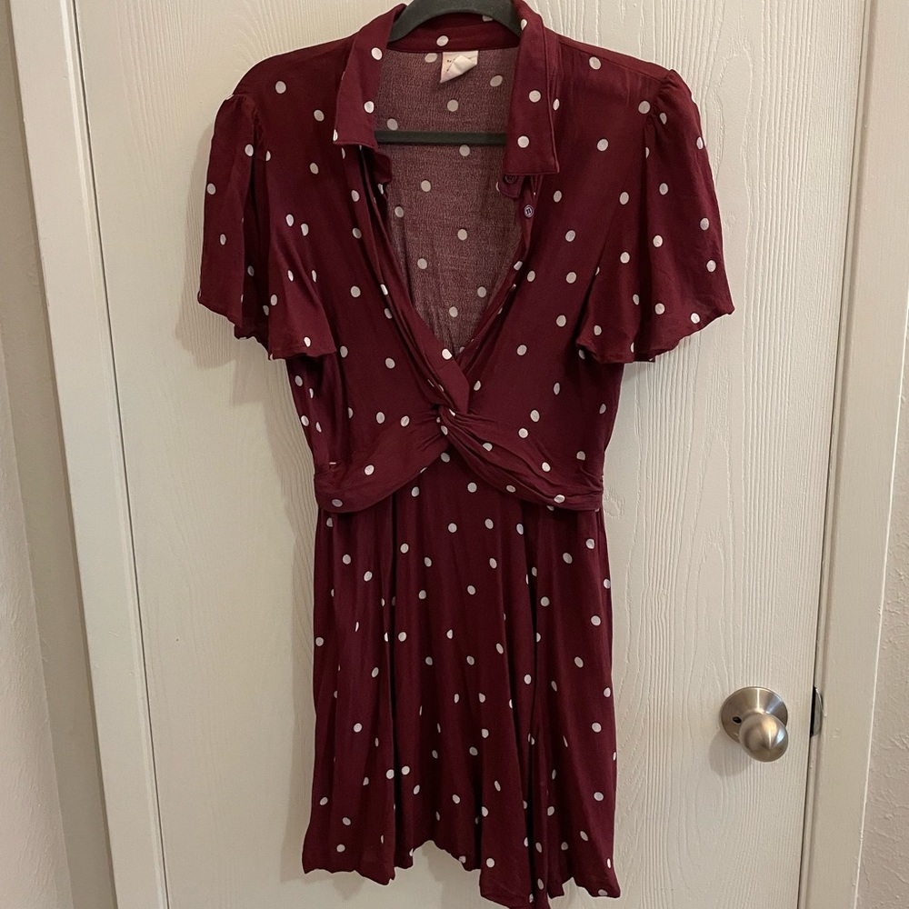 Maroon polka dot dress.